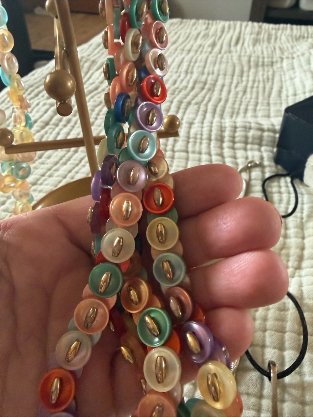 Estate Multicolor Bead Button-Link Necklace with Gold Accents